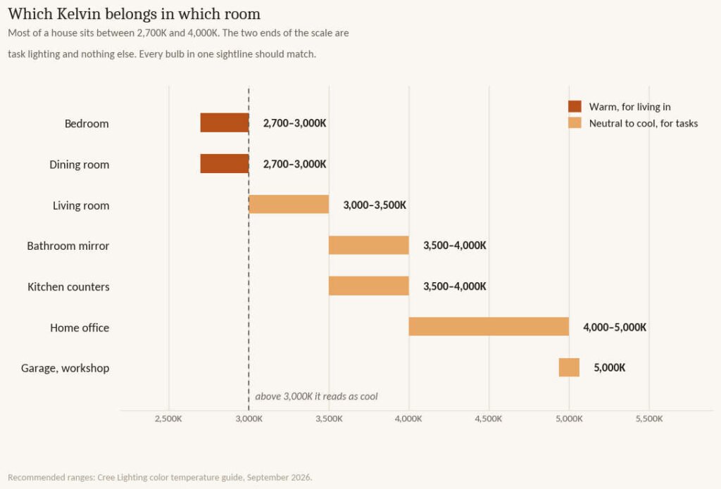 Chart of recommended color temperature ranges by room from 2700K in bedrooms to 5000K in a garage
